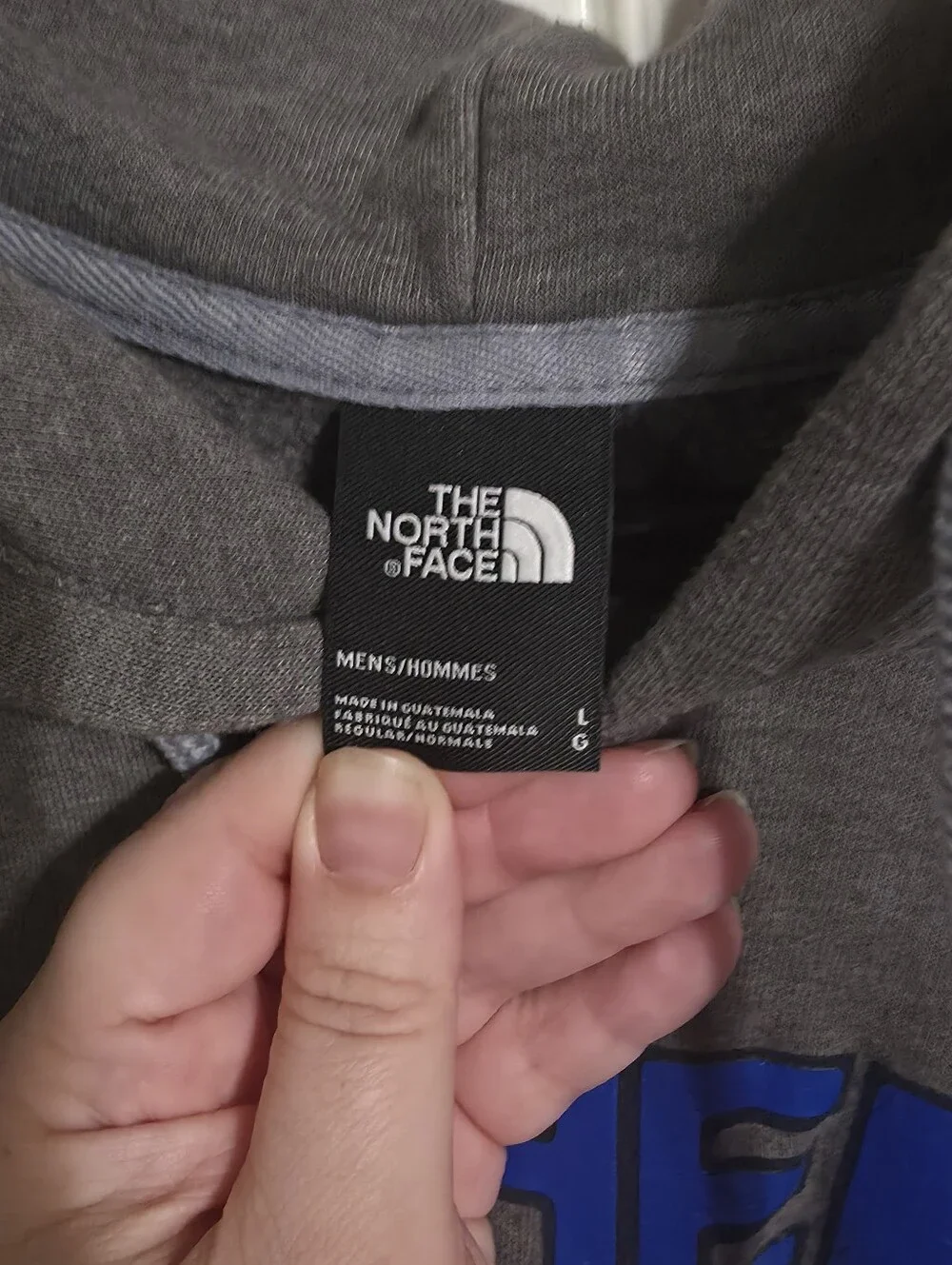 The North Face Men's Grey Hoodie with Red, White & Blue Logo Size L